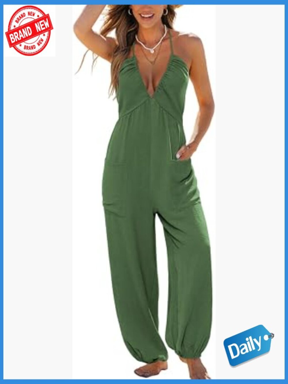 Maxi Jumpsuit with Plunging V Neck Sleeveless Pockets Smocked Waist